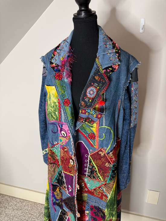 AMBER STUDIOS One Of A Kind Denim Jean Maxi Coat Duster Art To Wear Boho Large - Picture 2 of 16